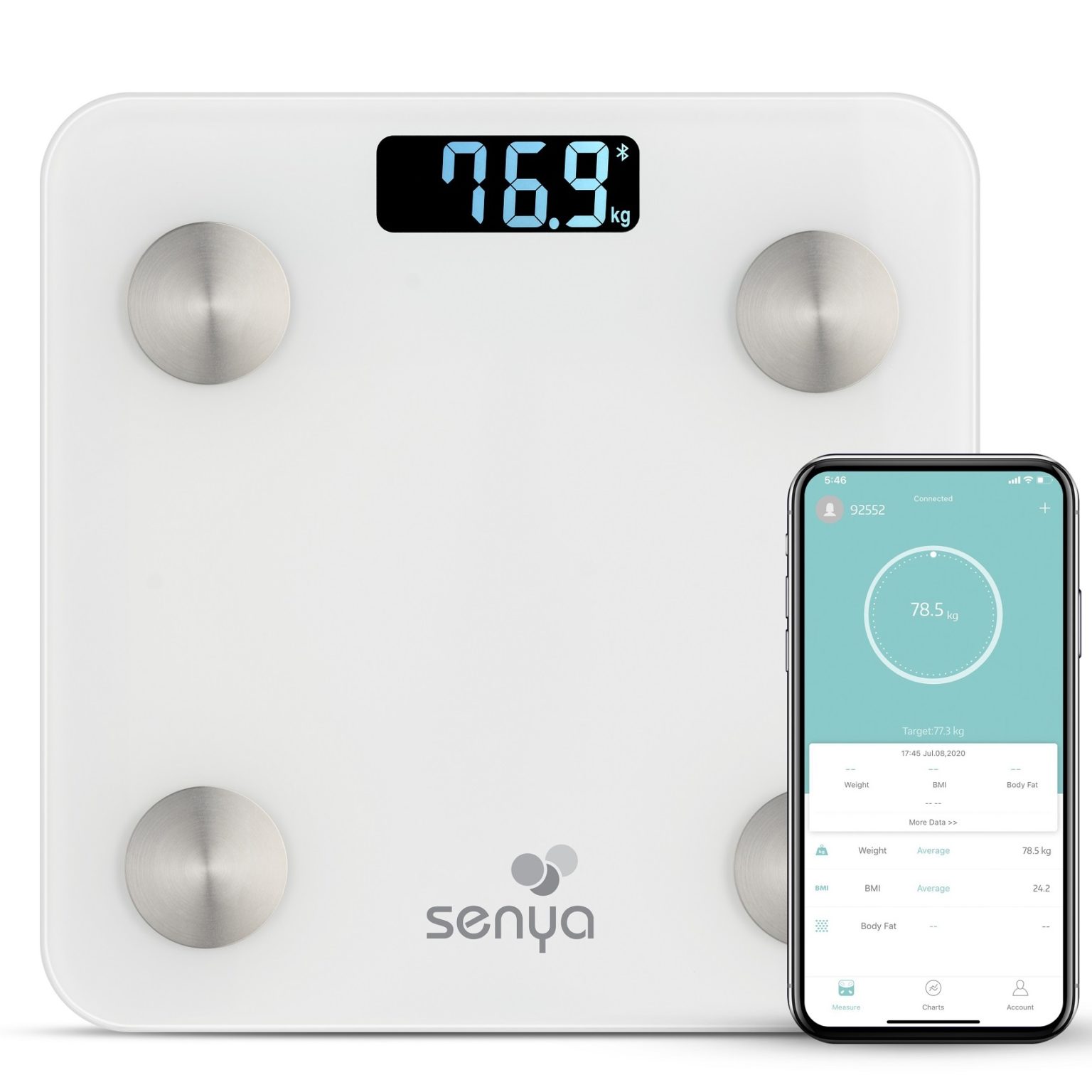 Senya Pèse personne impédancemètre Bluetooth, balance connectée pour Android et IOS blanc Smart Body SYBW-S007, synchronisation avec Apple Health, Google Fit, Samsung health Power, 2 piles AAA