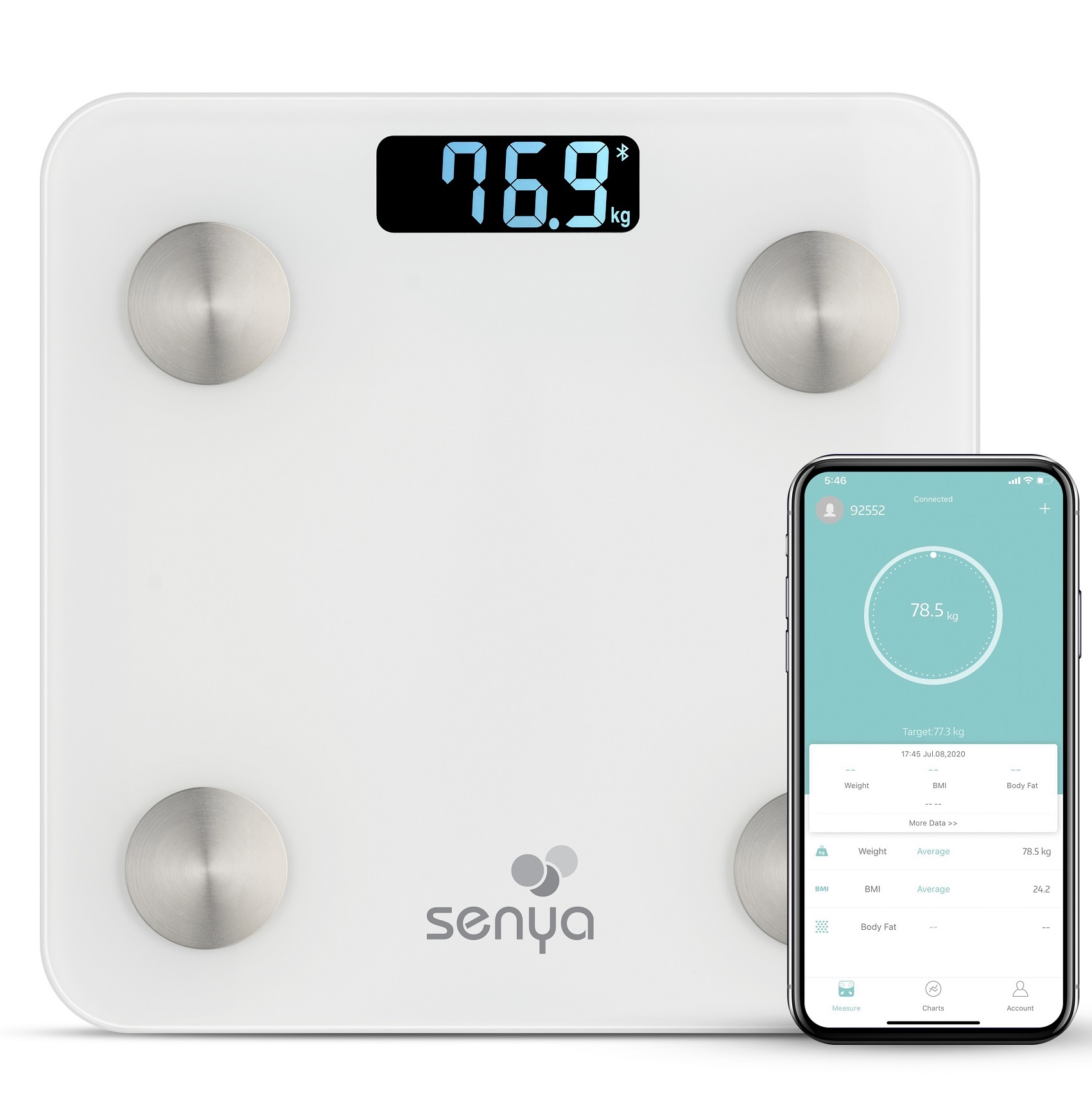 Senya Pèse personne impédancemètre Bluetooth, balance connectée pour Android et IOS blanc Smart Body SYBW-S007, synchronisation avec Apple Health, Google Fit, Samsung health Power, 2 piles AAA