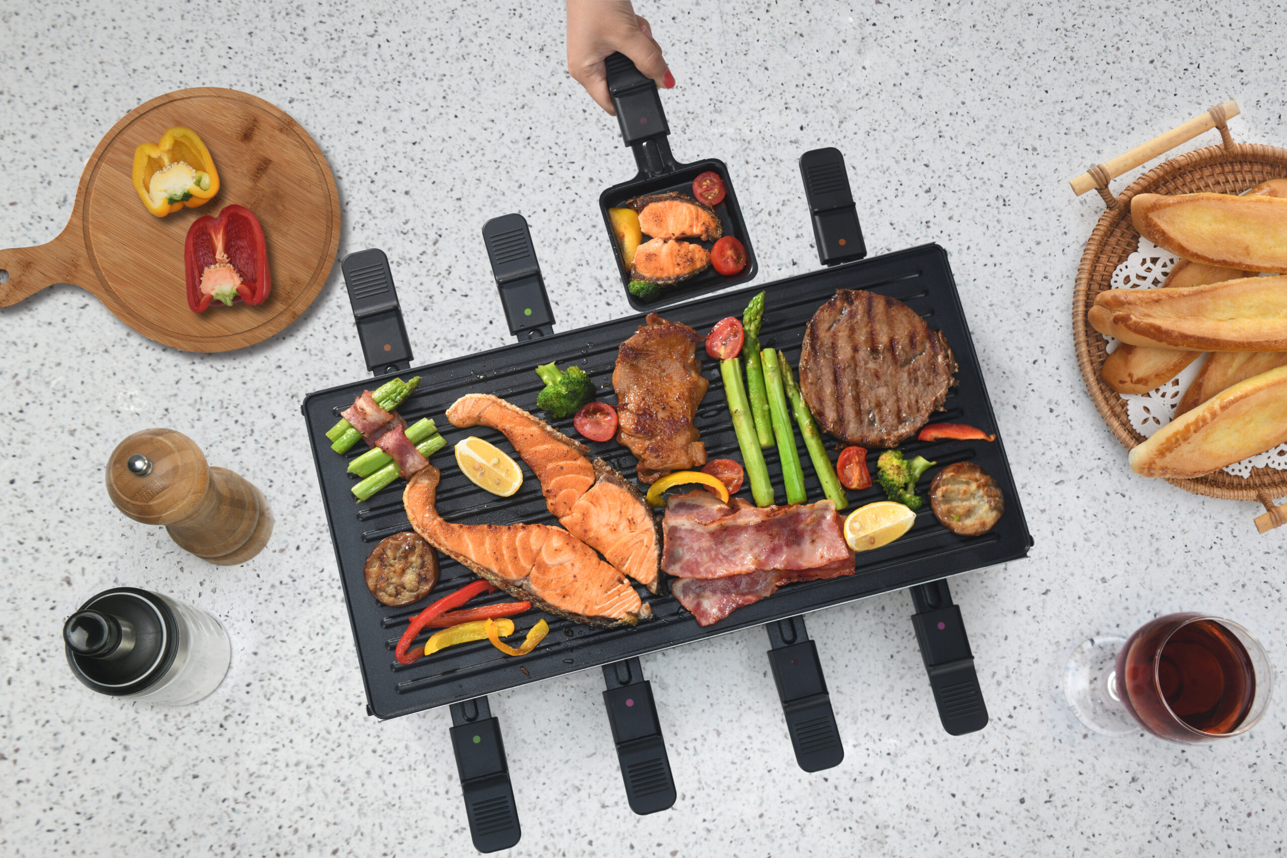 appareil à Raclette multifonctions 3 en 1 pour 8 personnes 1050W noir bleu